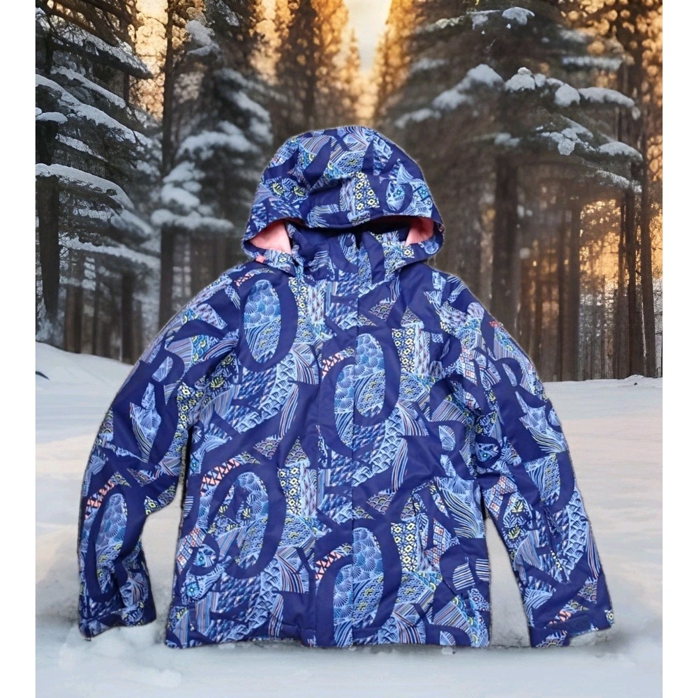 Roxy Snow Jacket Girls‎ XL 14 Blue Print Excellent DryFlight 10K Hooded Ski Coat